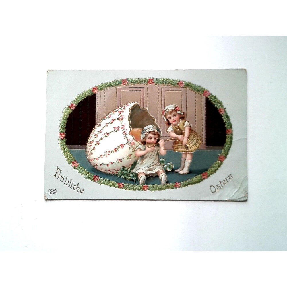 Vintage Fröhliche Ostern German Easter Postcard Girls EAS Rose Egg Embossed 1910